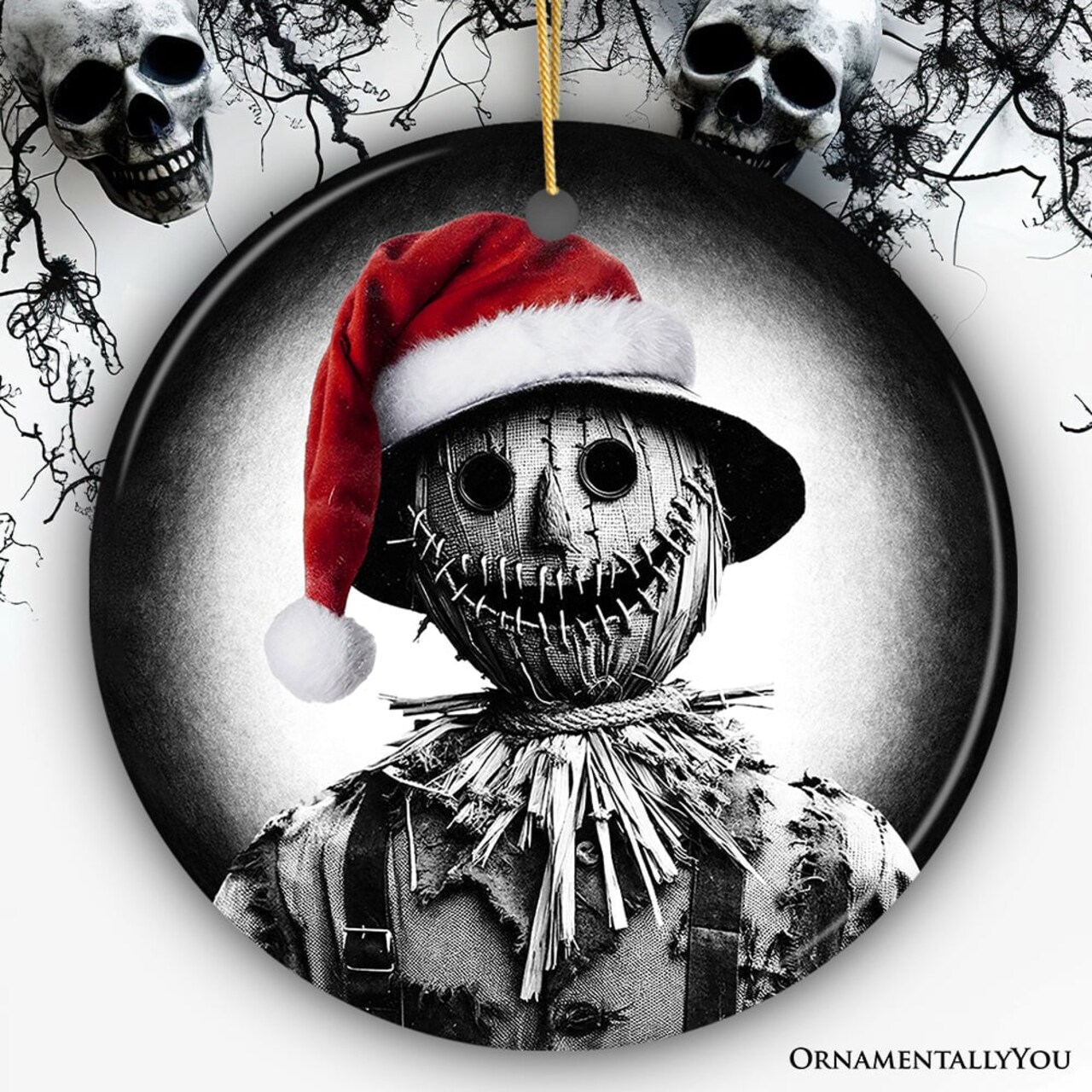 Nightmarish Scarecrow with Santa Hat Ornament, Gift For Unique Halloween Tree Christmas Decor